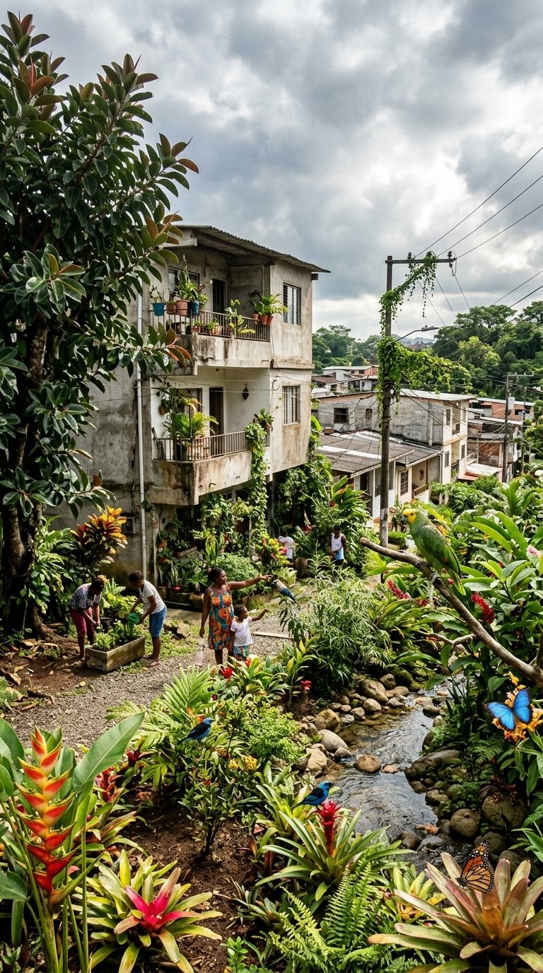 Indicadores Ambientales Fotografía de biodiversidad urbana en Buenaventura con un jardín comunitario, personas, una quebrada limpia, un loro y plantas nativas frente a casas de dos pisos.