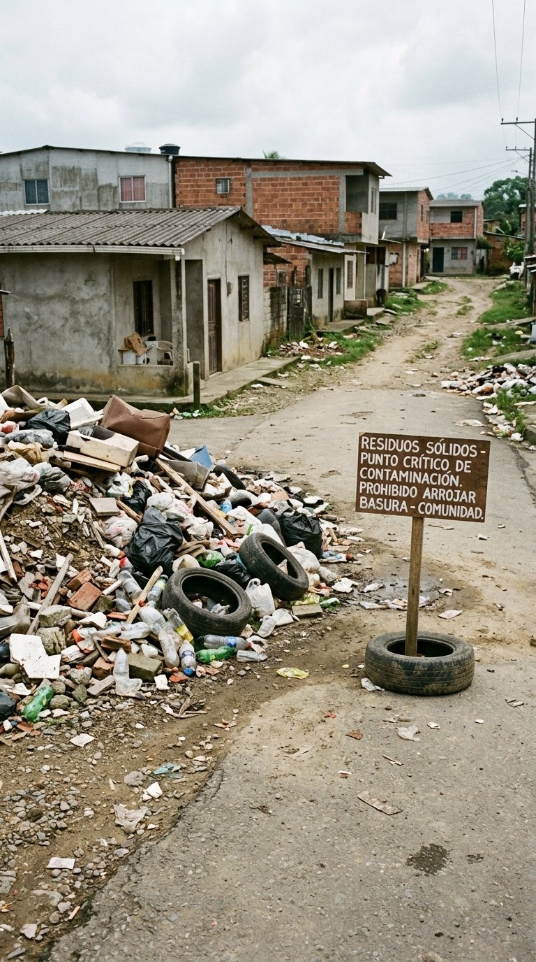 Indicadores Ambientales Fotografía de un punto crítico de contaminación con acumulación de residuos sólidos en una calle de barrio y un letrero de advertencia sobre la prohibición de arrojar basura.