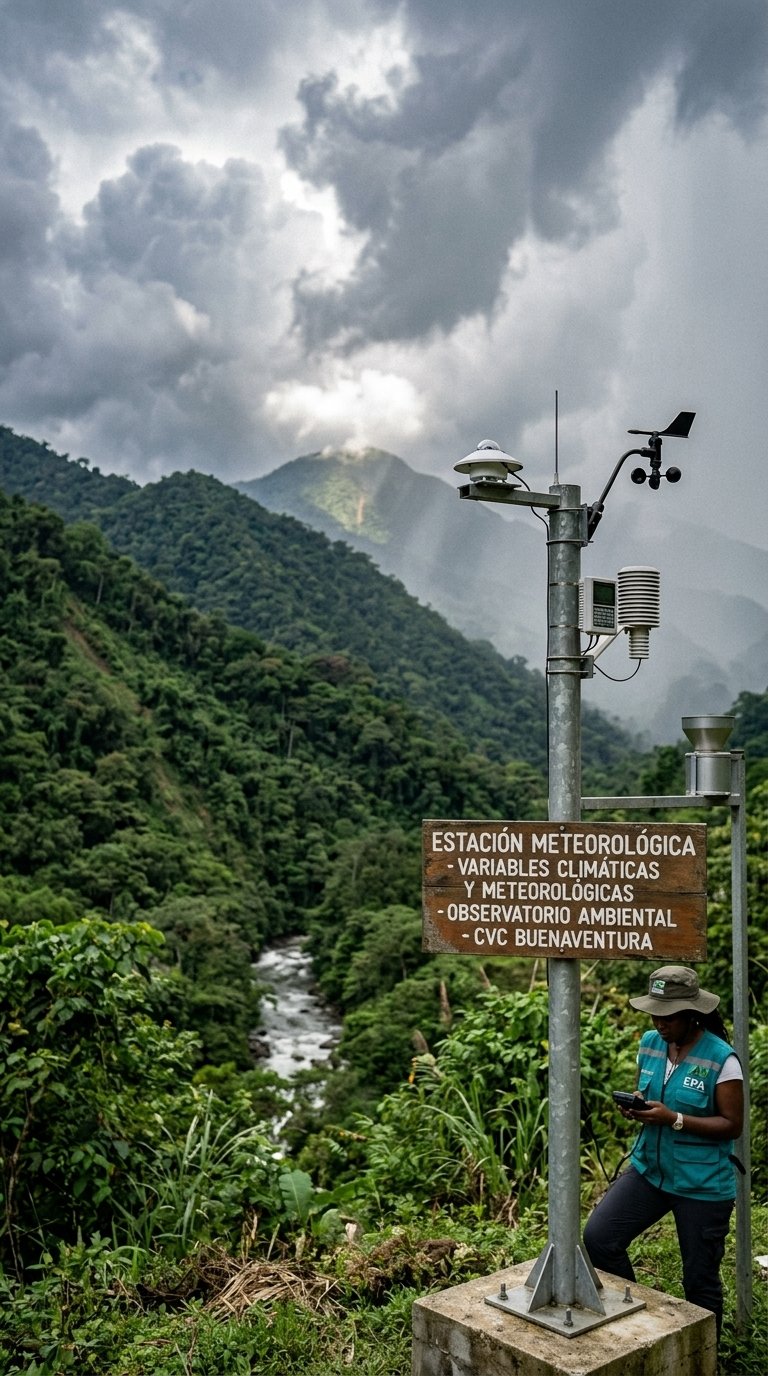 Indicadores Ambientales Fotografía de una estación meteorológica automática con sensores de viento y temperatura, instalada en una zona montañosa con vegetación densa y cielo nublado. Un técnico realiza mantenimiento.