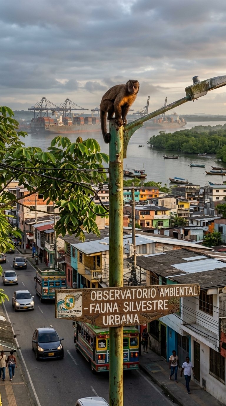 Indicadores Ambientales Un mono capuchino encaramado en un poste de luz en una calle de Buenaventura, con un letrero de madera que dice: Observatorio Ambiental - Fauna Silvestre Urbana. Al fondo se ve la bahía y barcos de carga.